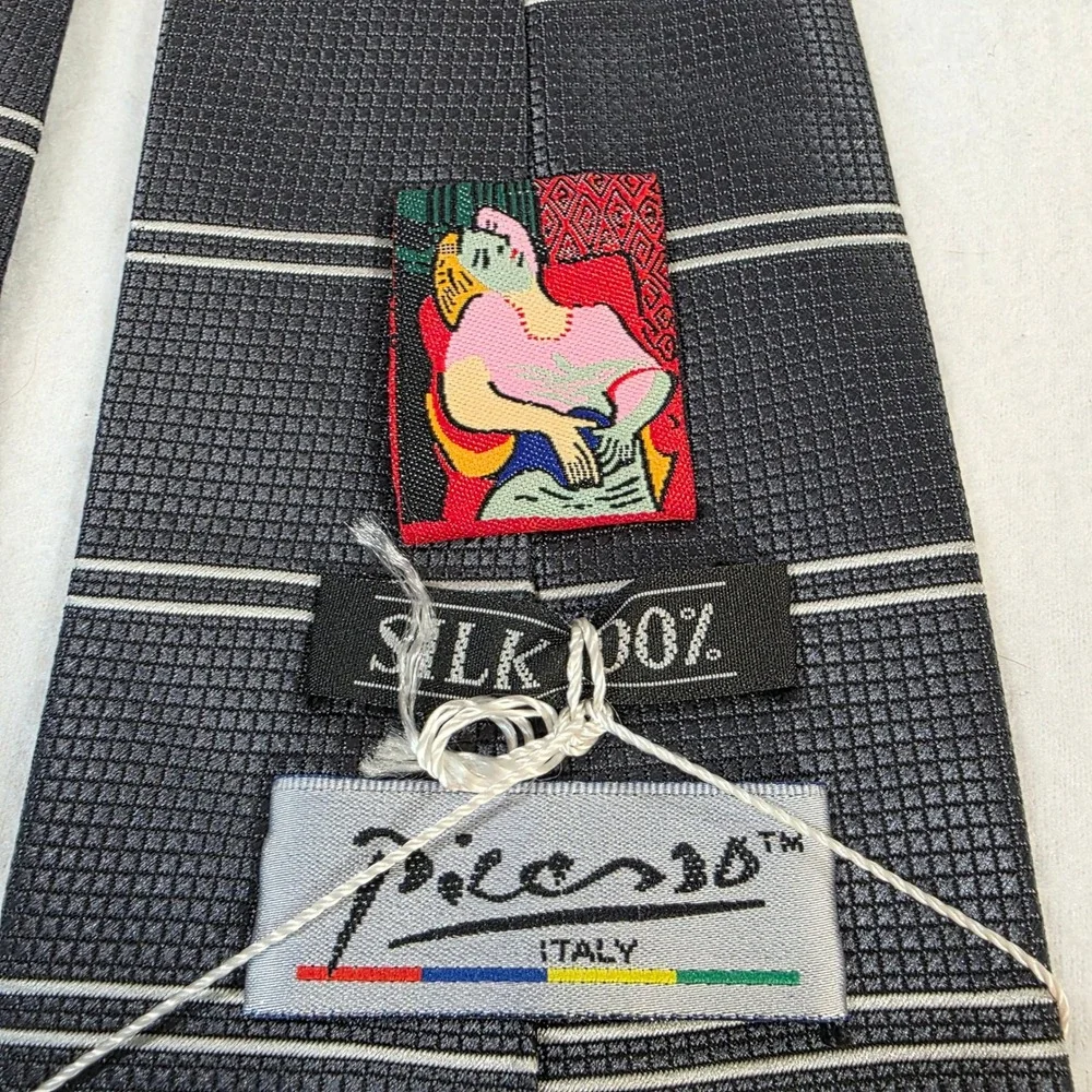 Picasso Mens Silk Tie Charcoal Grey Striped Handmade Italy Art Series Necktie